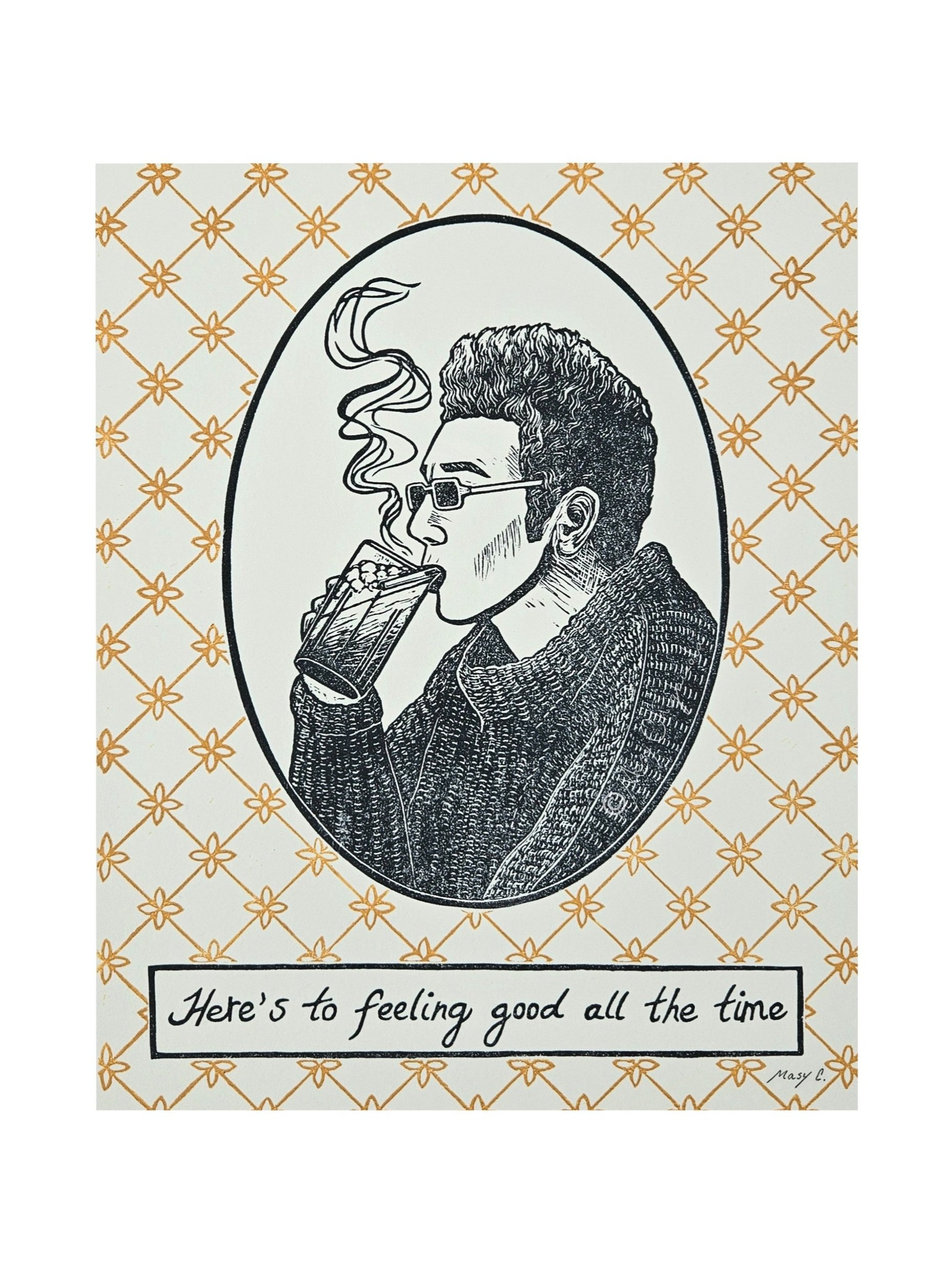 Paper Moon Puffs original block print - vintage paper moon and